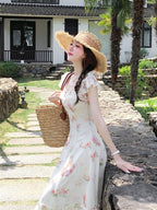 Apricot Summer Vacation Dress with Floral Pattern - Qchiwawameme | CoyBunny