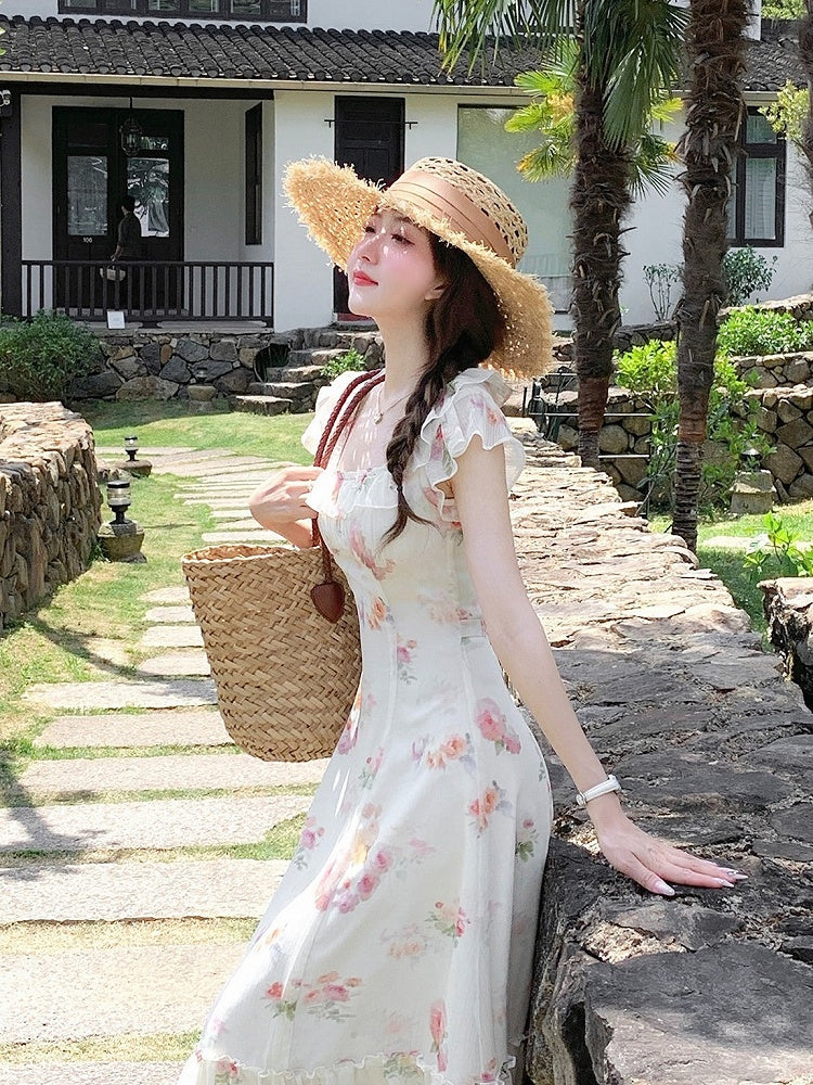 Apricot Summer Vacation Dress with Floral Pattern - Qchiwawameme | CoyBunny