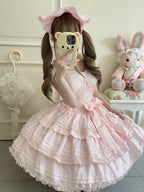 Light Pink Layered Ruffle Boned Lolita JSK Dress with Flower Accents | Meng Fu Zi | CoyBunny