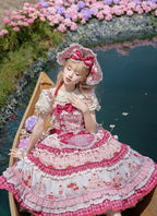 Pink Cherry Cake Print Sweet Lolita Dress with Layered Ruffles - Strawberry Fantasy | CoyBunny