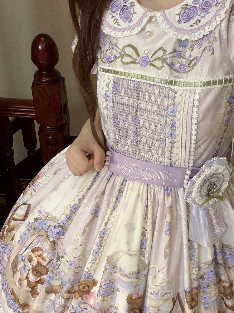 Cute Bear Print OP Dress with Purple Floral Embroidery, Doll Collar & Puff Sleeves - Stars Fall on the Foggy Island | CoyBunny