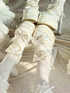 White Platform Round Toe Shoes with Pearl Chain & Lace Bow Accent 12cm Heels - Witch's Night | CoyBunny