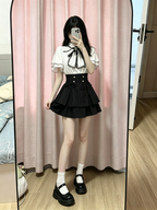 Cute White Jirai Kei School Girl Lolita Dress Short Sleeve Midi Skirt Set