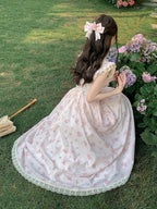 Graceful Pink Floral Lace JSK Dress with Brooch Set | CoyBunny