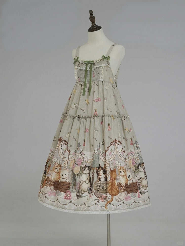 Green Cat Print High Waist Sweet Lolita Jumper Skirt - NyaNya | CoyBunny