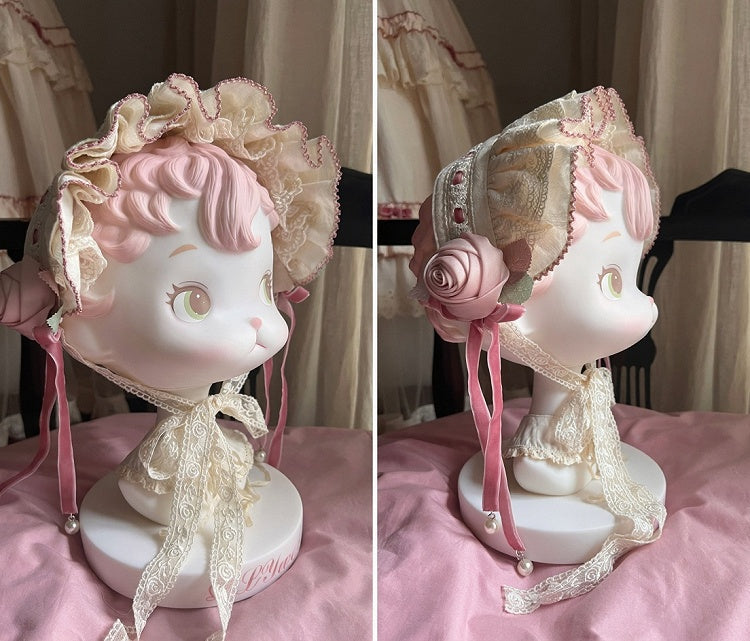 Cream & Pink Frilled Sweet Lolita Headband with Fabric Rose Decor - Bodhi Original Design | CoyBunny