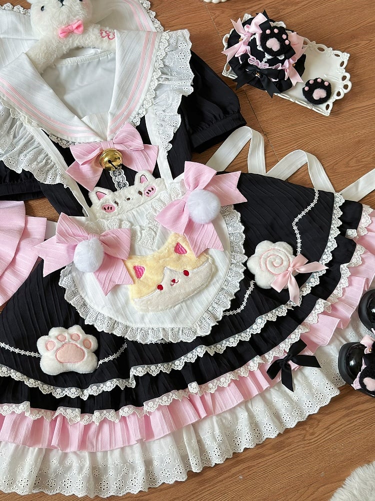 Black & Pink Kitty Maid Lolita Dress ¨C Sailor Collar Heart Apron Sweet JSK | For You | CoyBunny