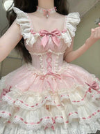 Pink Balletcore Lolita JSK Dress Full Set with Petticoat