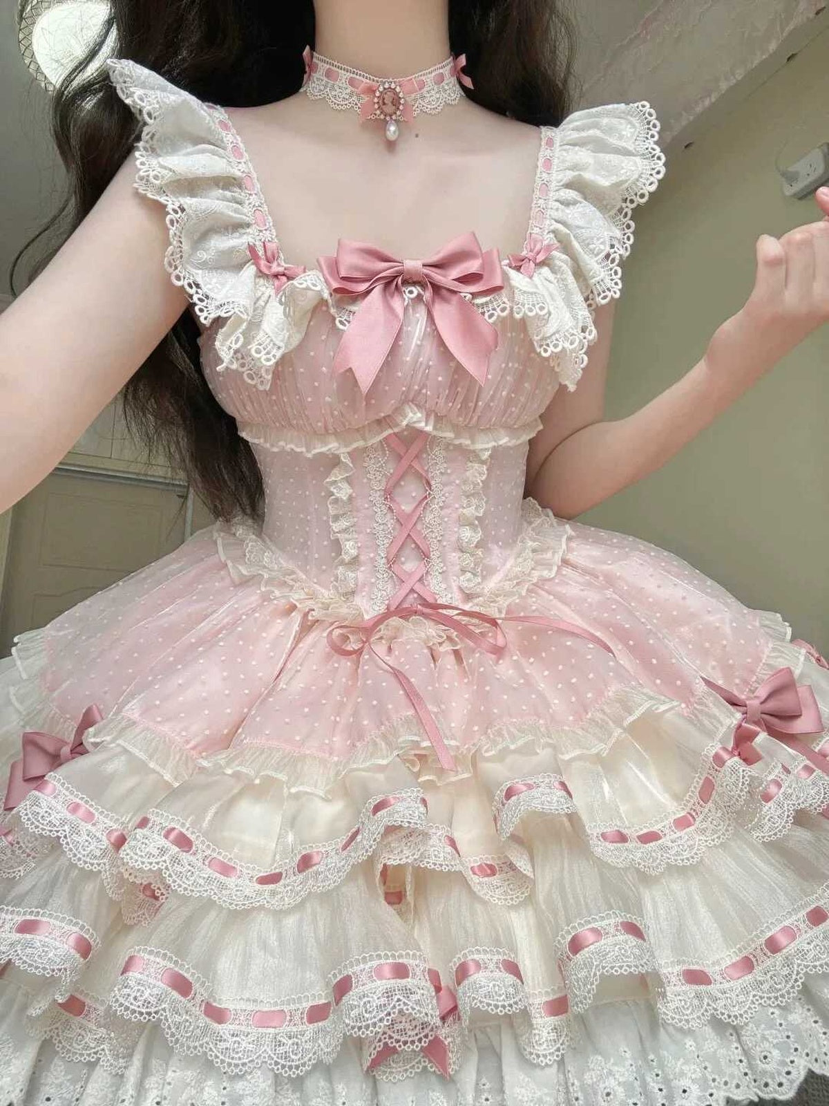 Pink Balletcore Lolita JSK Dress Full Set with Petticoat