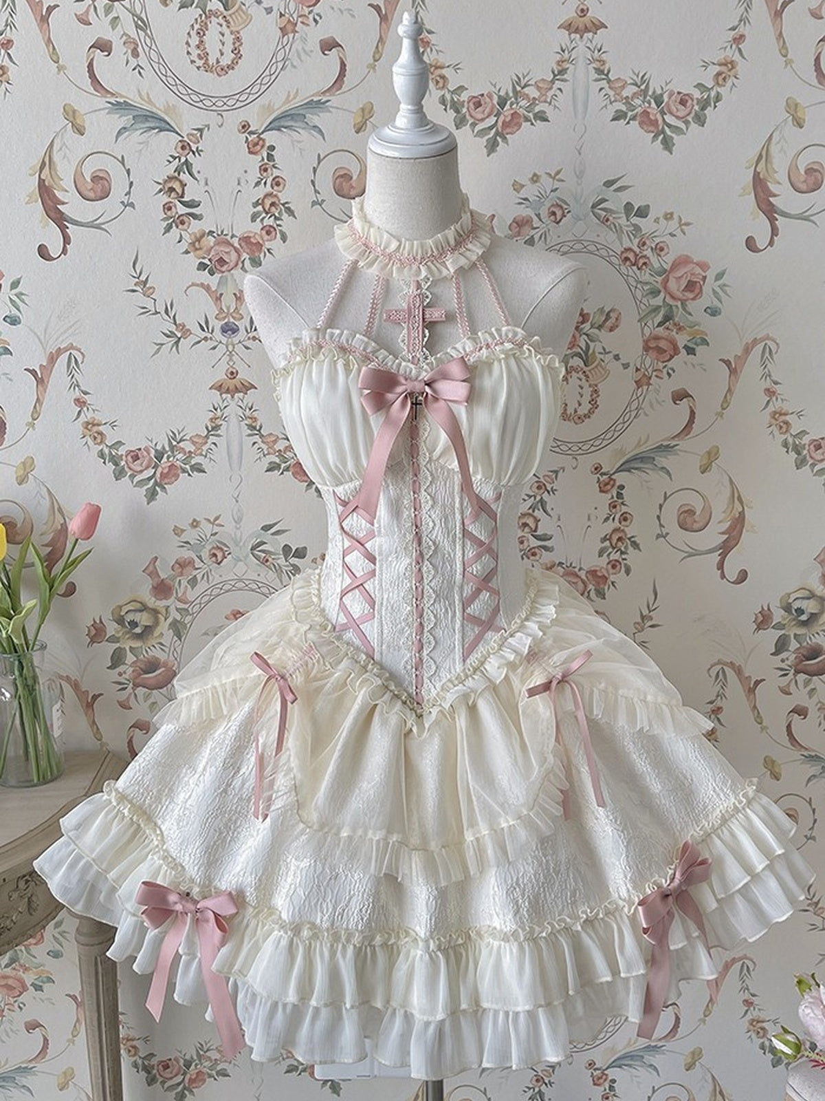 Off-White Pink Gothic Lolita Halter JSK Dress with Sleeves & Hair Clip