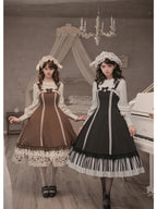 Black Print Lolita JSK Dress with Adjustable Straps & Ruffle Hem