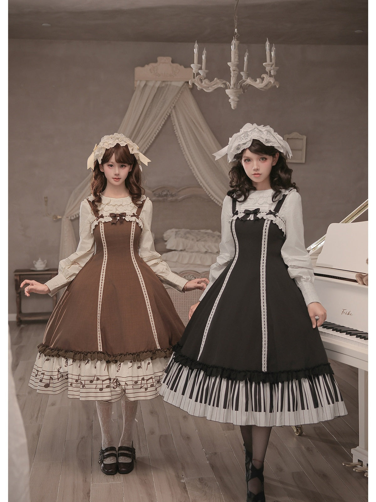 Black Print Lolita JSK Dress with Adjustable Straps & Ruffle Hem