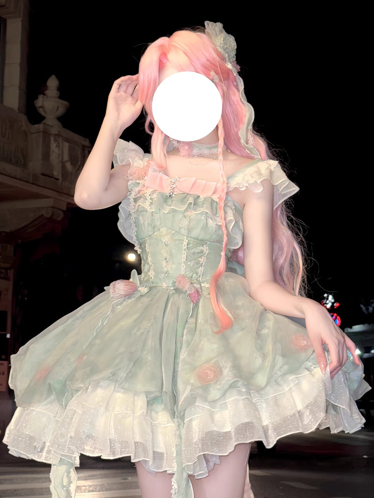 Sweet Mint Green Floral Lolita Princess Dress Set with Train