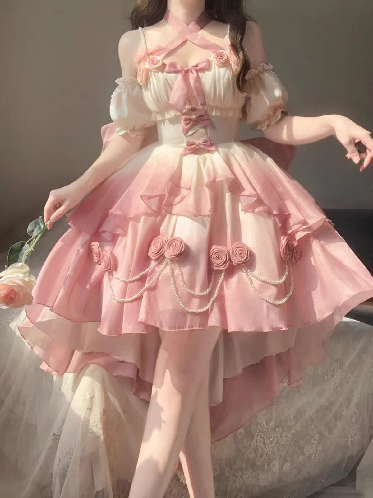 Sweet Pink Gradient Lolita Dress: High-Low Princess Wedding Gown