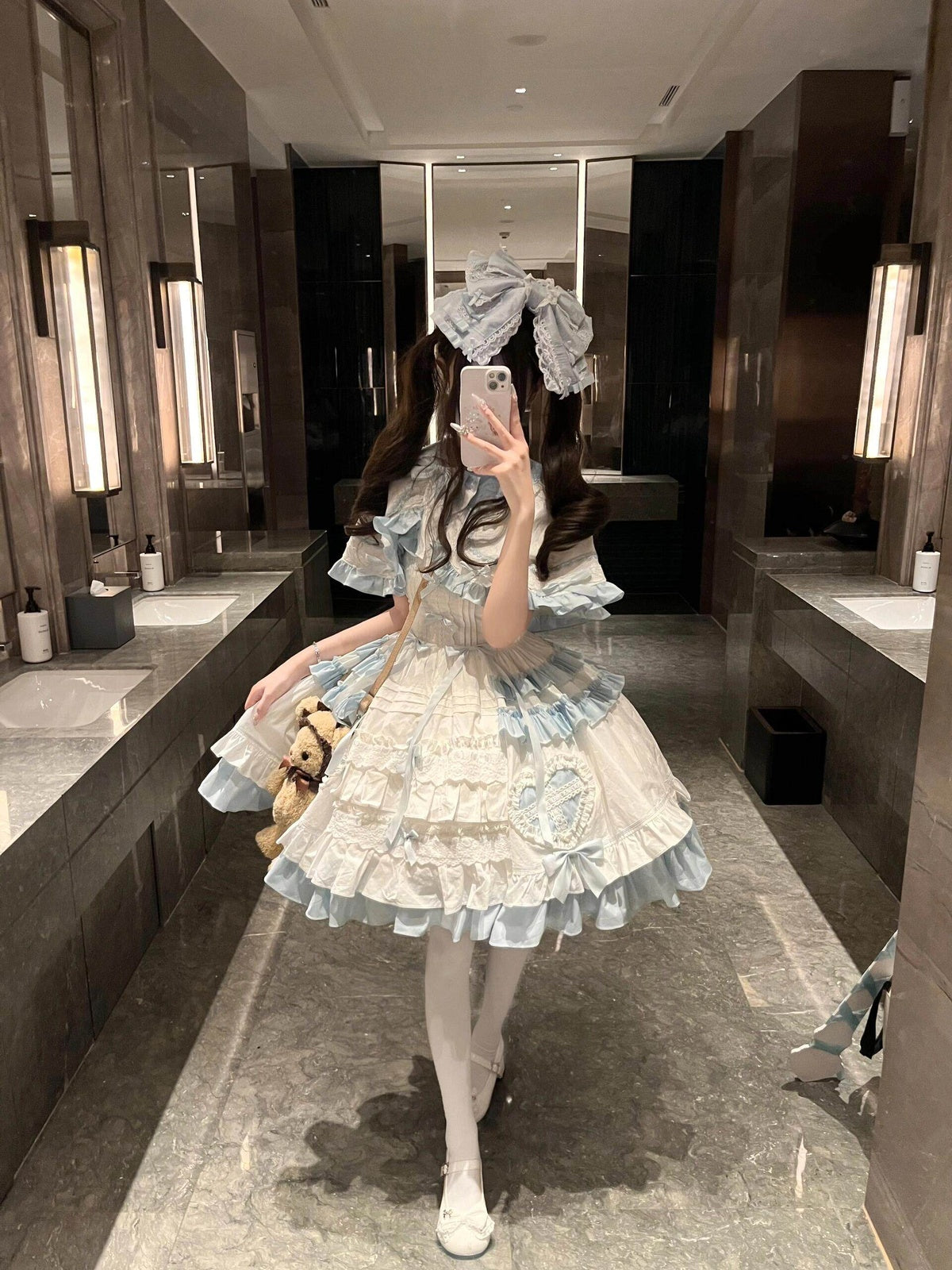 Blue & White Sweet Lolita Dress Set with Cape & Hair Clip Full Set