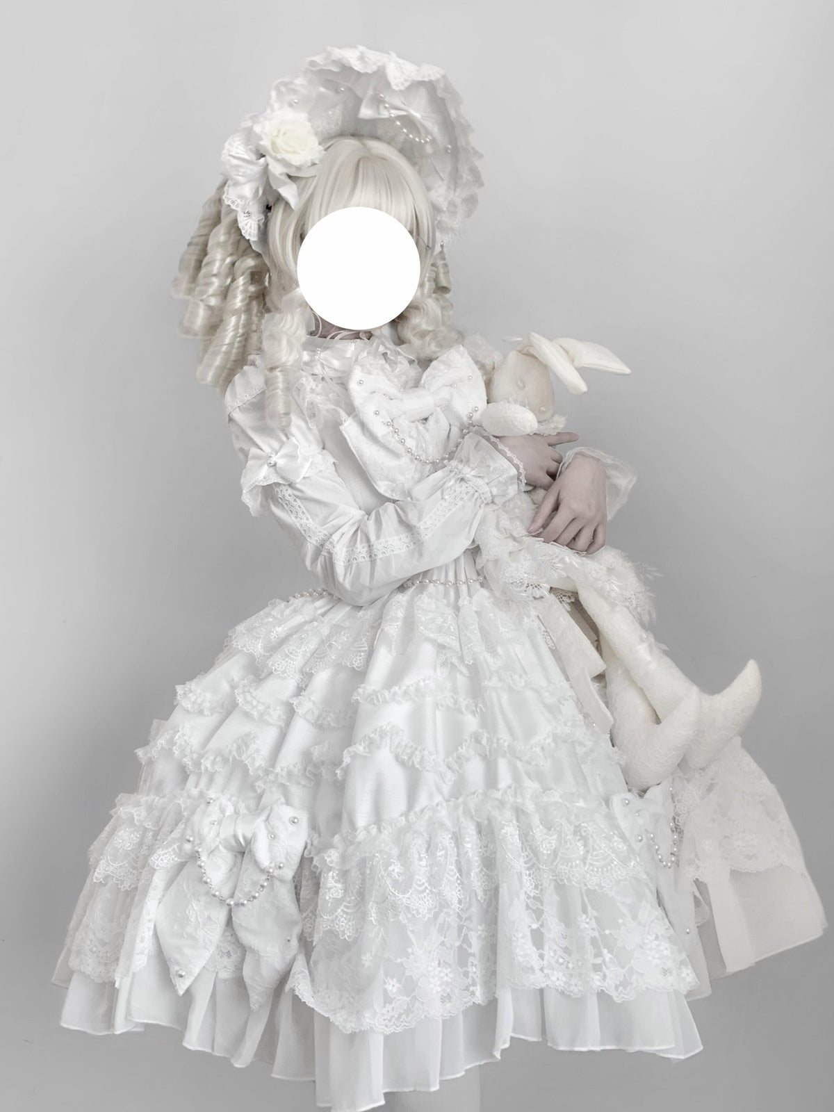 Vintage Old-School White Lolita JSK Dress Full Set with Petticoat