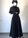 Gothic Black Long Lolita Dress Set with Bowknot Cape & Knit Sleeves
