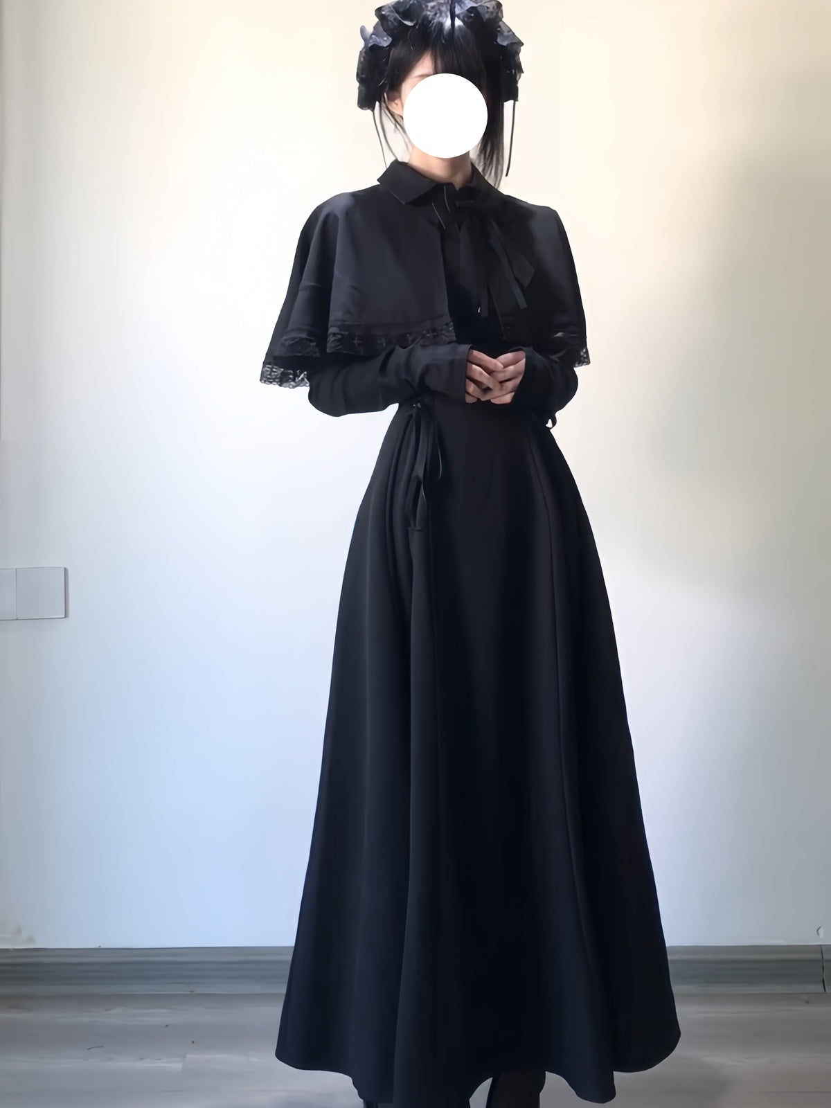 Gothic Black Long Lolita Dress Set with Bowknot Cape & Knit Sleeves