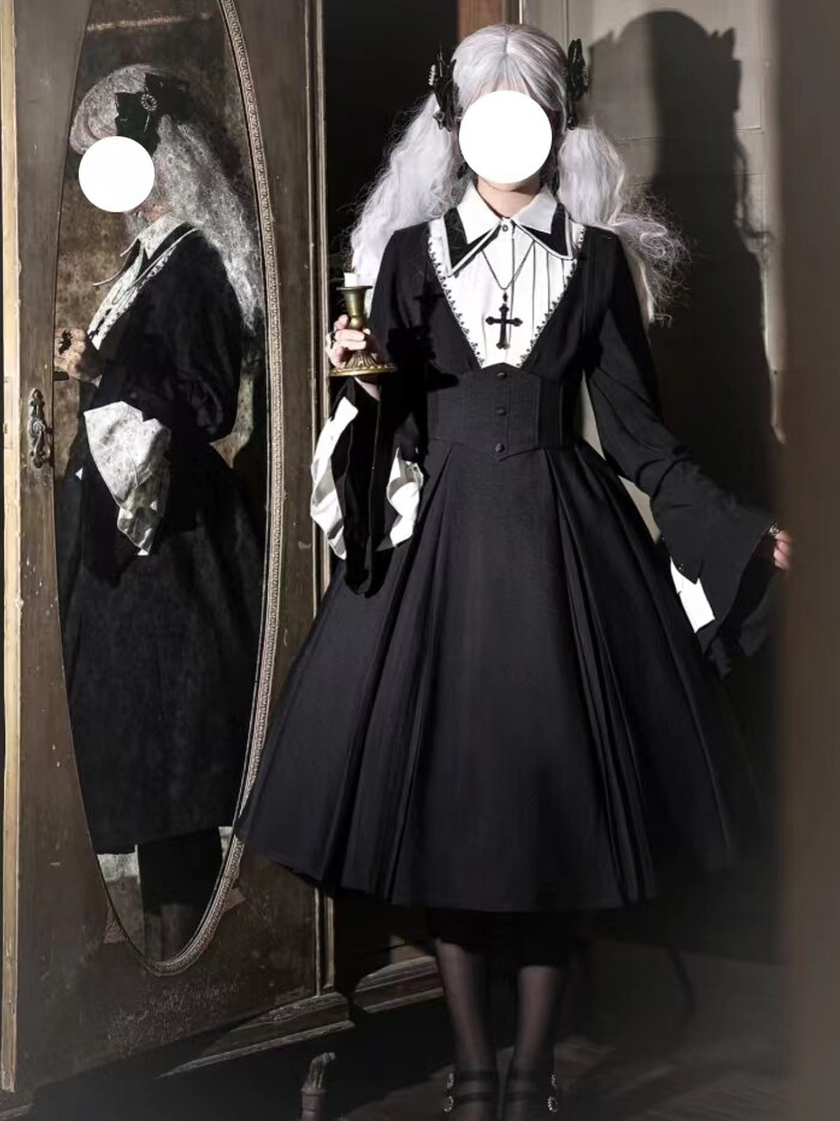 Black Gothic Nun Lolita OP Set with Cape & Necklace