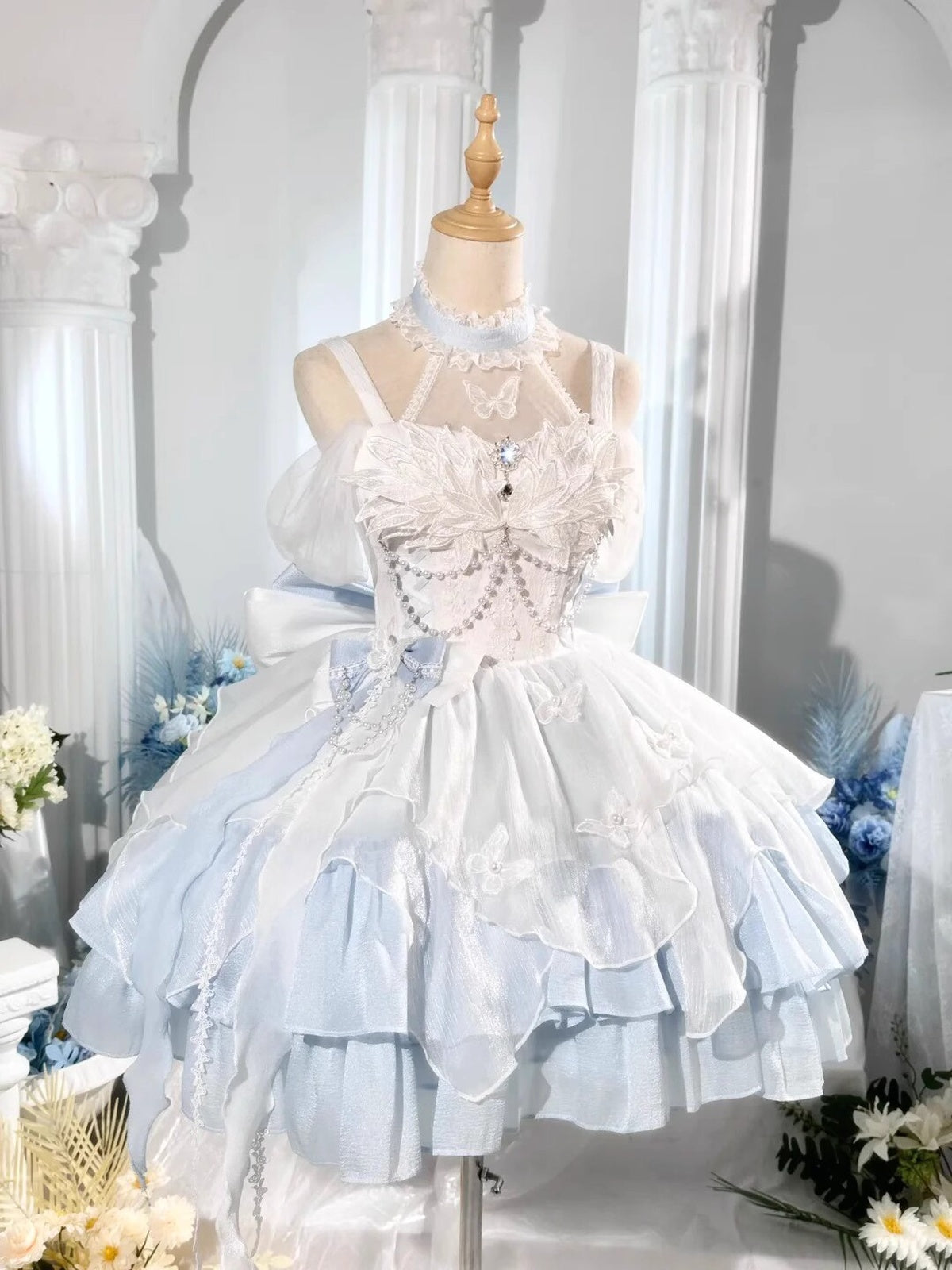 Glitter Blue & White Lolita Princess Dress Set with Free Petticoat