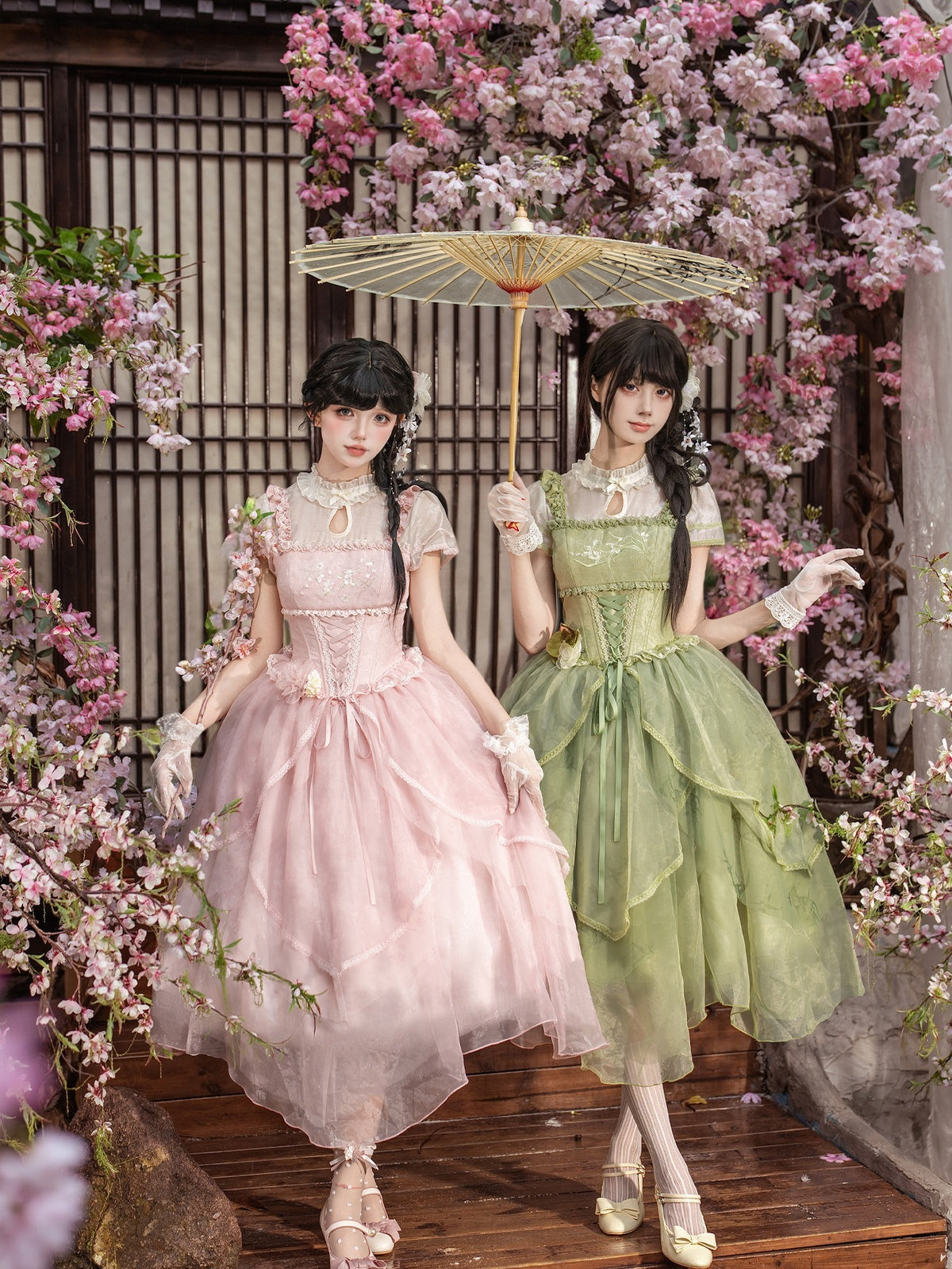 Green Chinese Style Lolita Petal Hem Print OP with Lift-Up Skirt