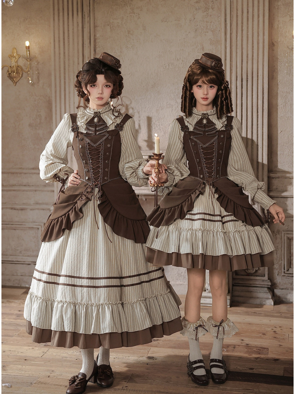 Long Ruffle Lolita OP Set with Corset, Drape & Brooch