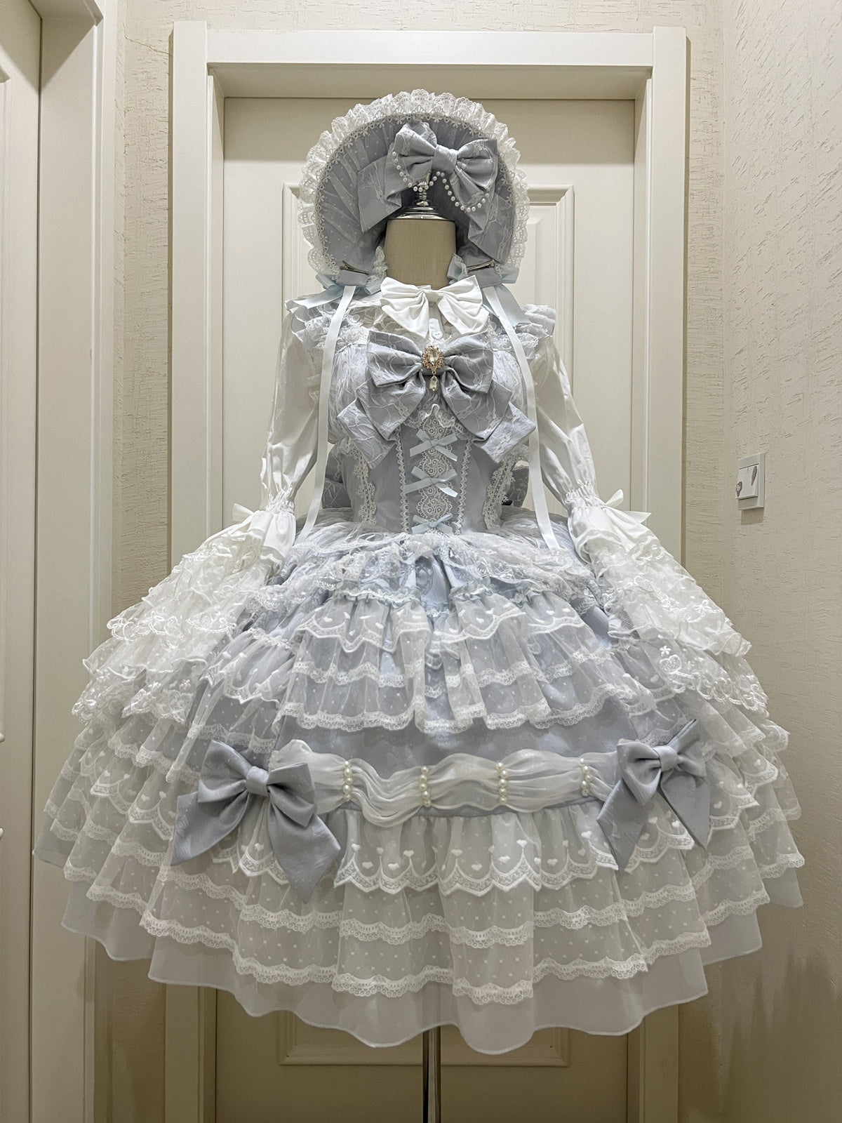 Sax Blue Winter Lolita JSK Dress & Matching Bonnet Set