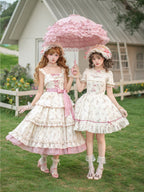 Embroidered Lolita JSK Set with Pink Flat Hat & Belt
