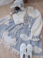 Sky Blue Sweet Lolita Long Sleeve OP Dress with Headband & Petticoat
