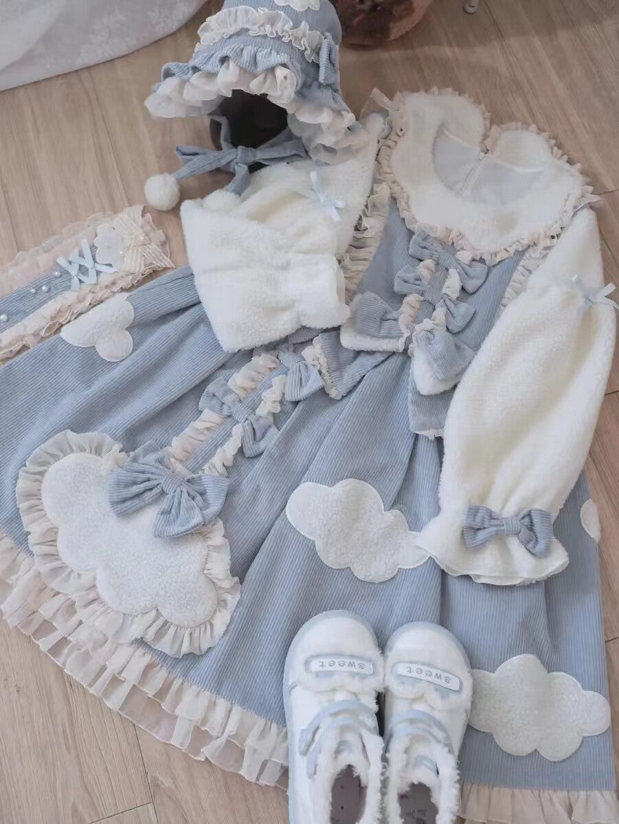 Sky Blue Sweet Lolita Long Sleeve OP Dress with Headband & Petticoat