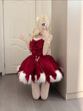 Red Christmas Lolita Dress Full Set with Winter Furry Cape