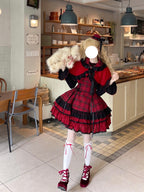 Red Plaid Lolita Dress Set with Bowknot Cape & Blouse Full Set