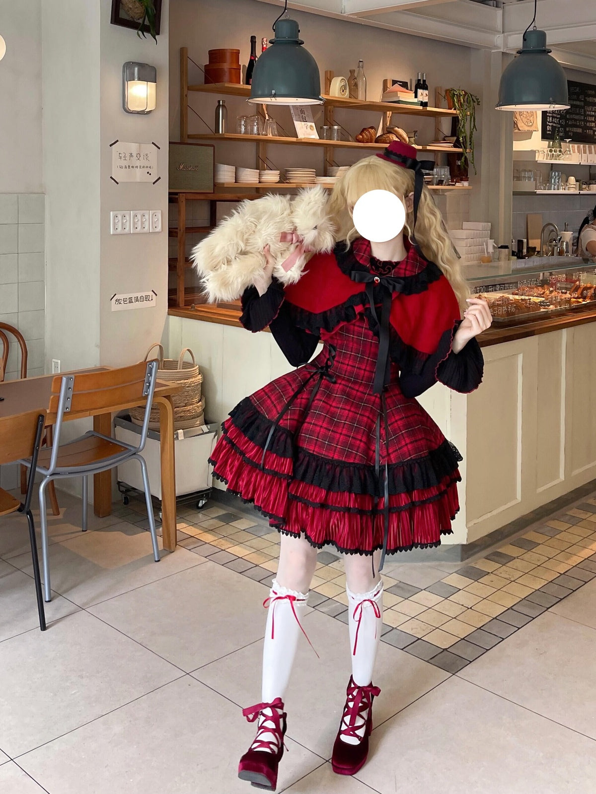 Red Plaid Lolita Dress Set with Bowknot Cape & Blouse Full Set