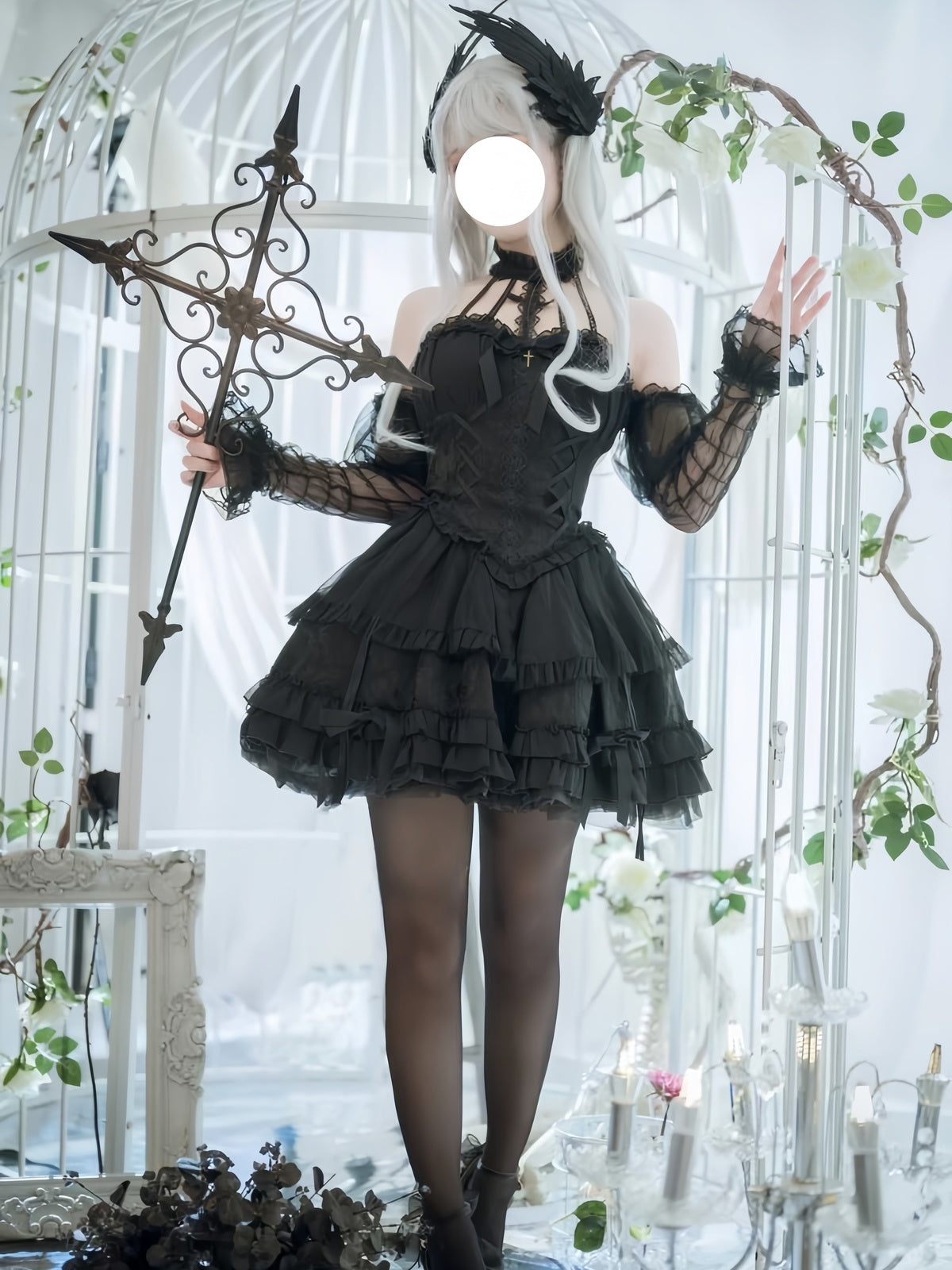 Gothic Cross Lolita Dress Full Set with Sleeves & Headpiece