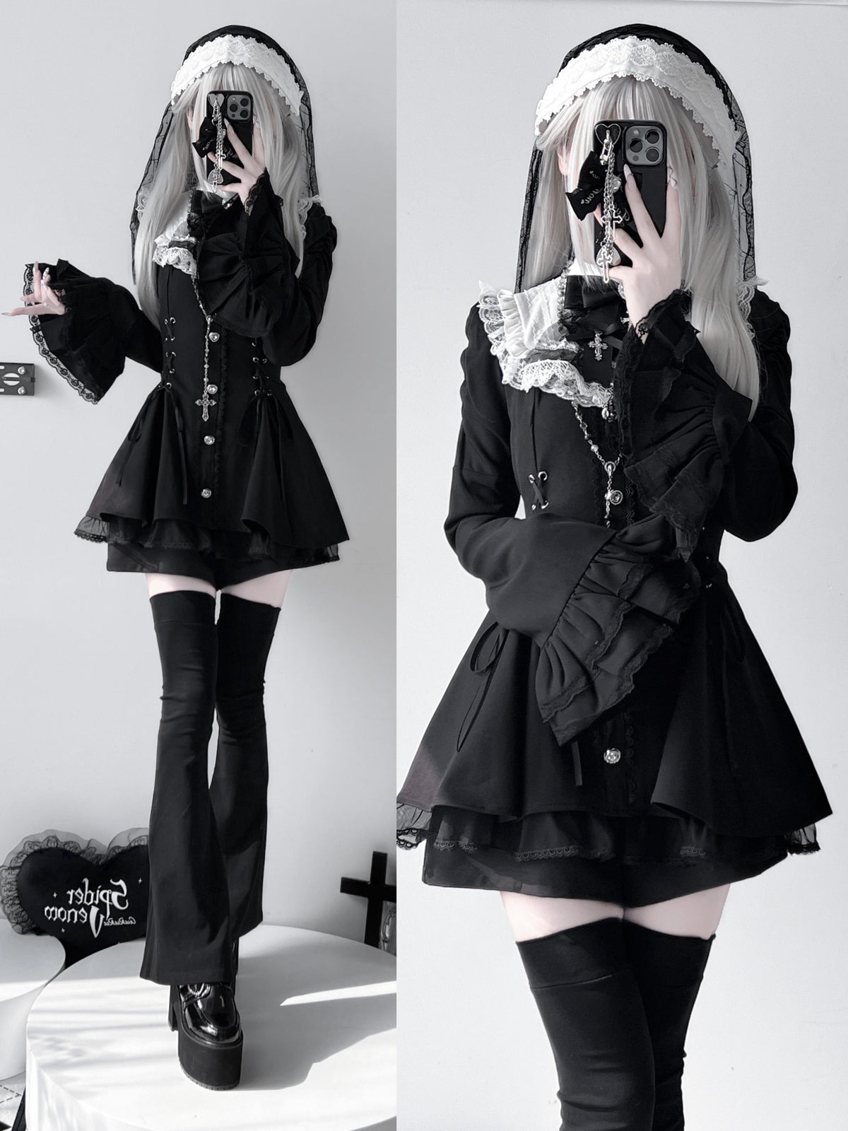 Black & White Gothic Lolita Nun Dress Set - Jirai Kei Subculture