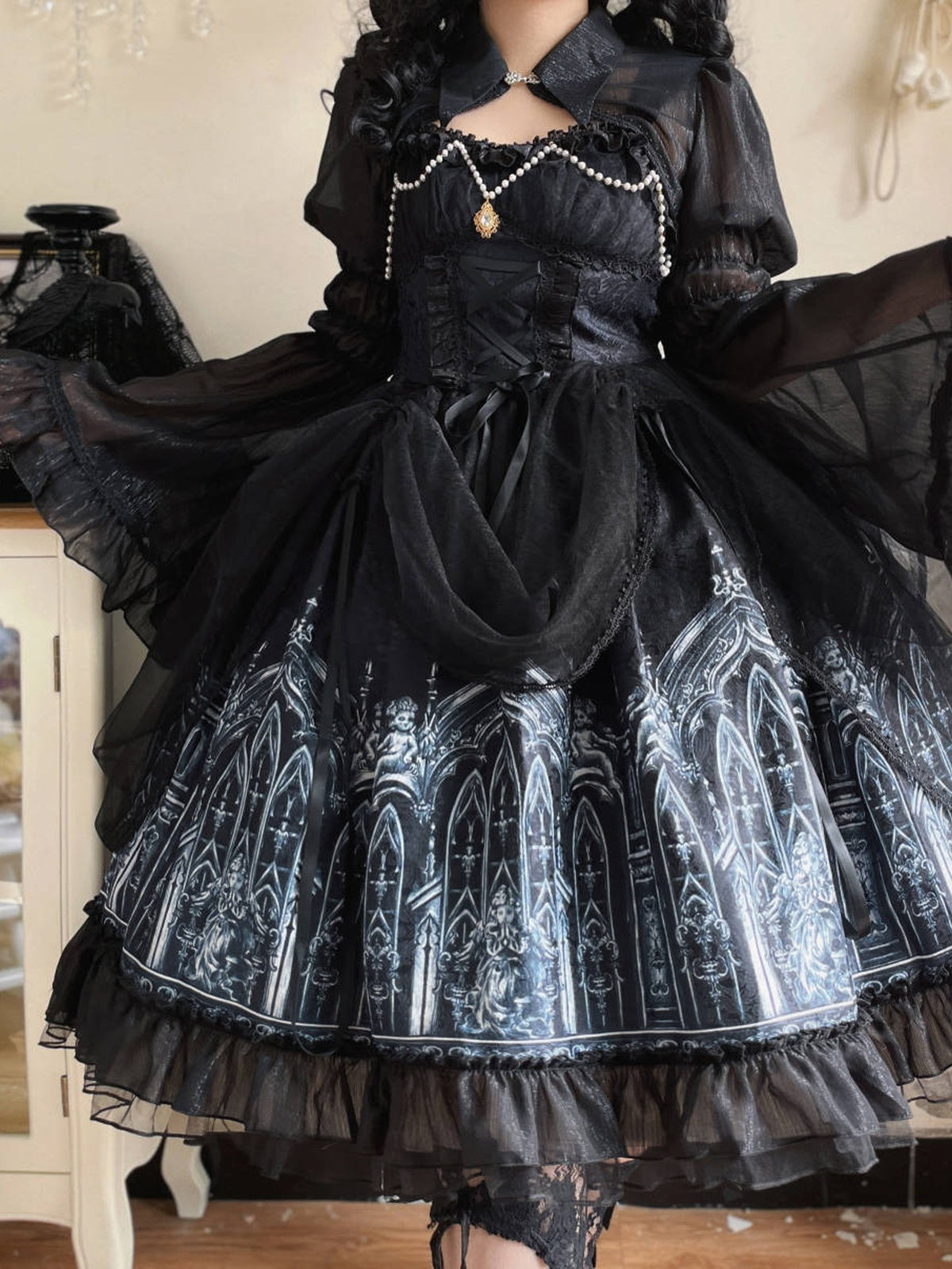 Black Gothic Lolita JSK Dress & Matching Shoulder Cape Set