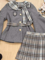 Grey Preppy Lolita Dress Set with Doll Collar Coat & Plaid Skirt