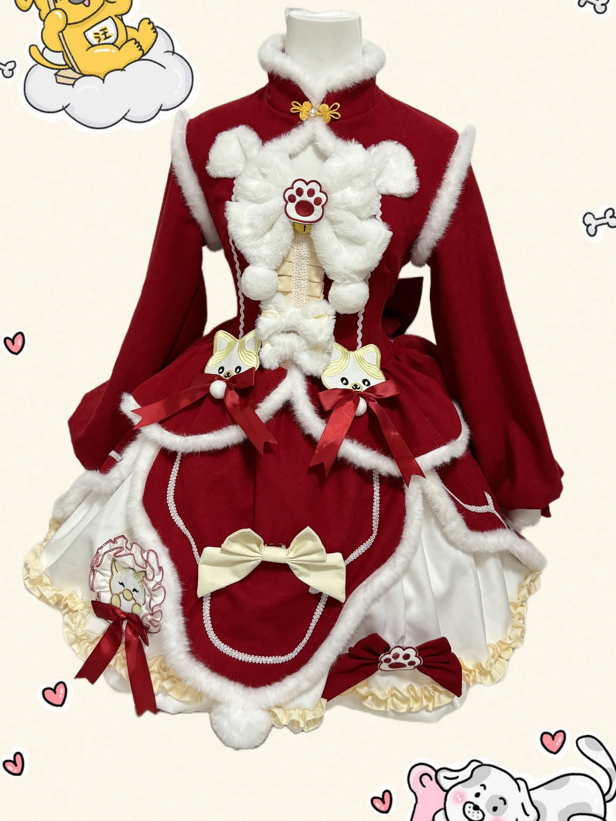 Red New Year & Christmas Lolita Dress Full Set with Cloak & Train