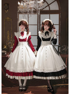 Red Elegant Maid Lolita OP Set with Apron, Necktie & Headband