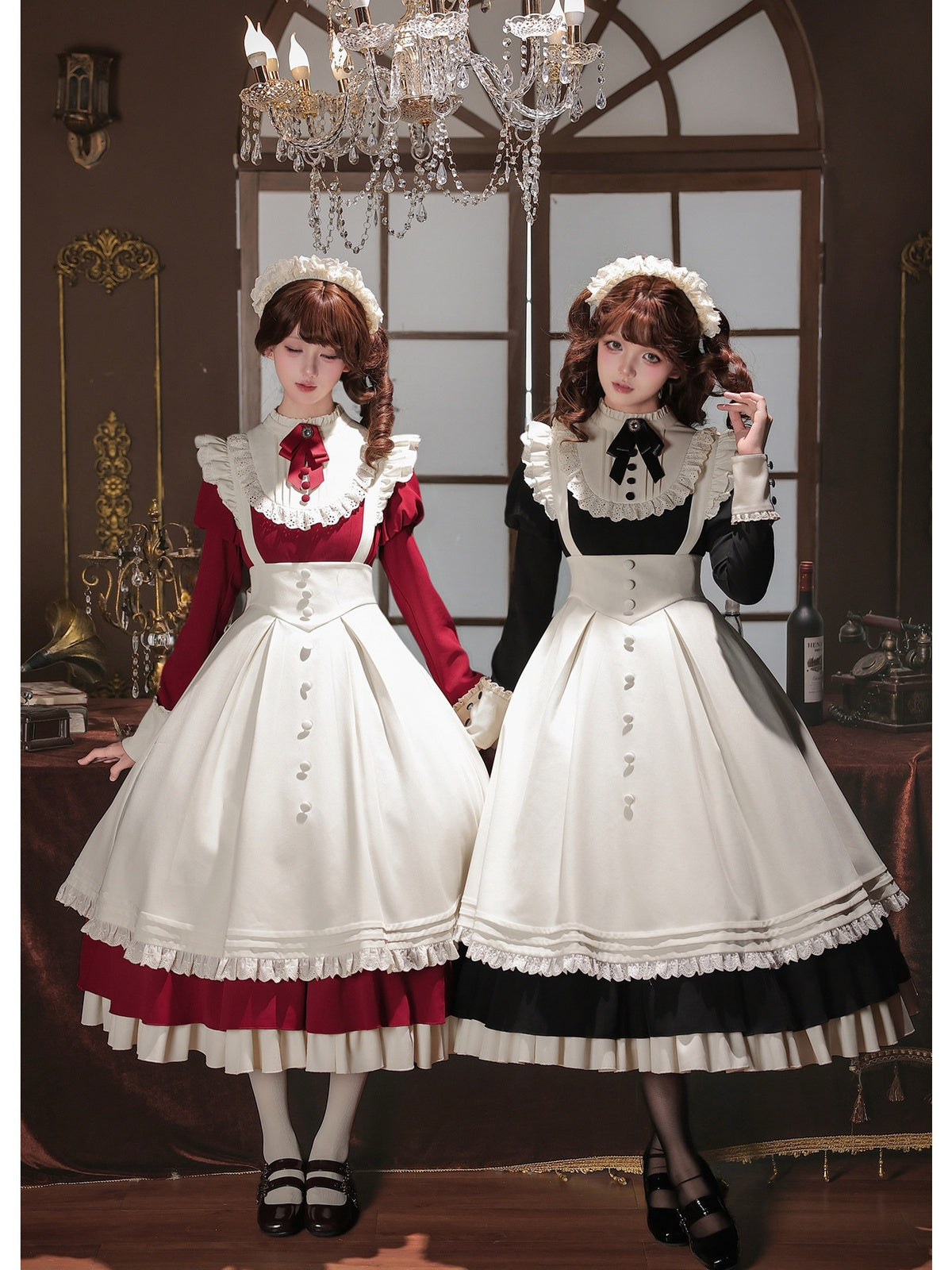 Red Elegant Maid Lolita OP Set with Apron, Necktie & Headband