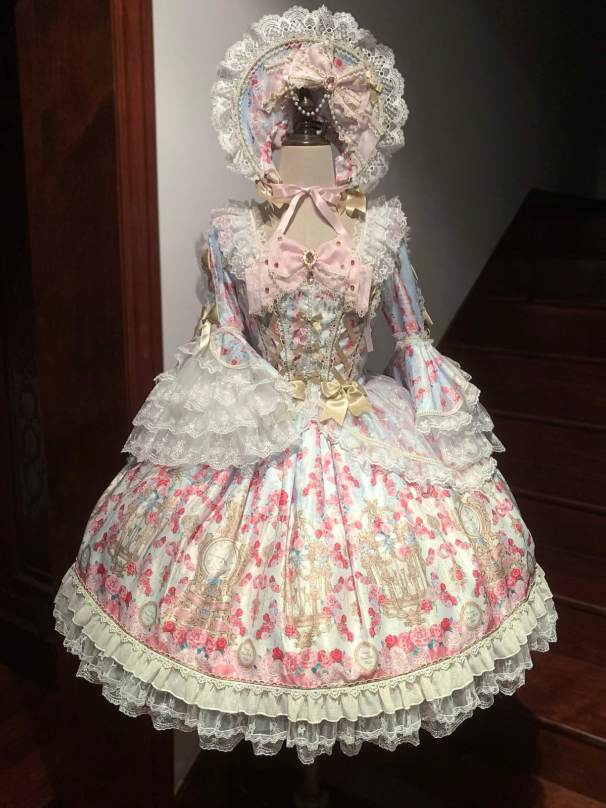 Sweet Blue Lolita OP Long Sleeve Dress & Bonnet Hat Set