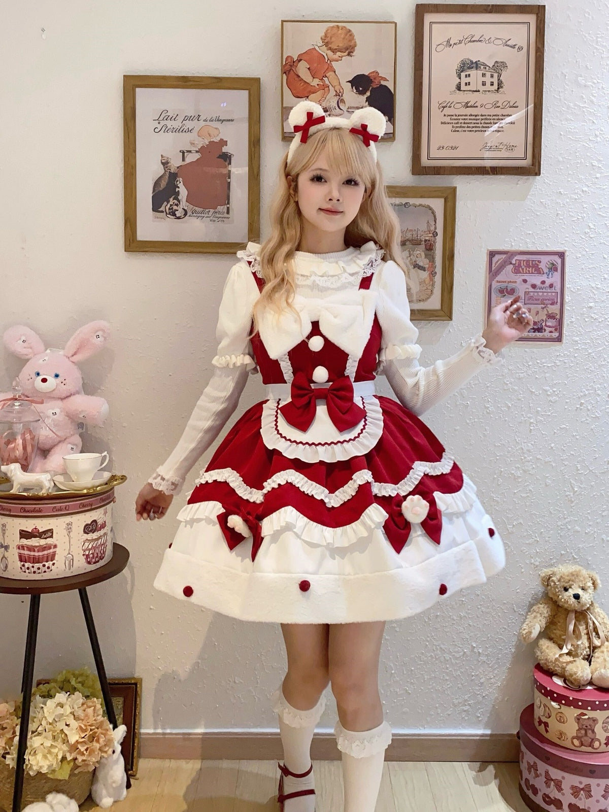 Red Christmas Sweet Lolita JSK Dress & Cute Apron Winter Set