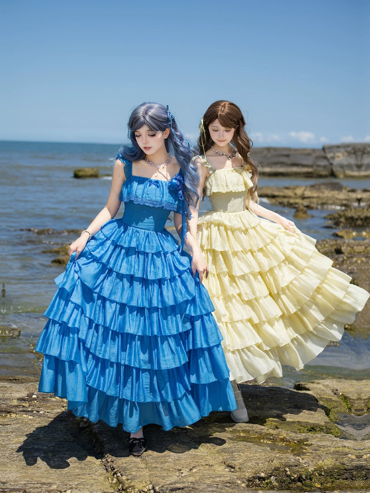 Blue Square Neck Lolita Dress Set with Seven-Tier Ruffles