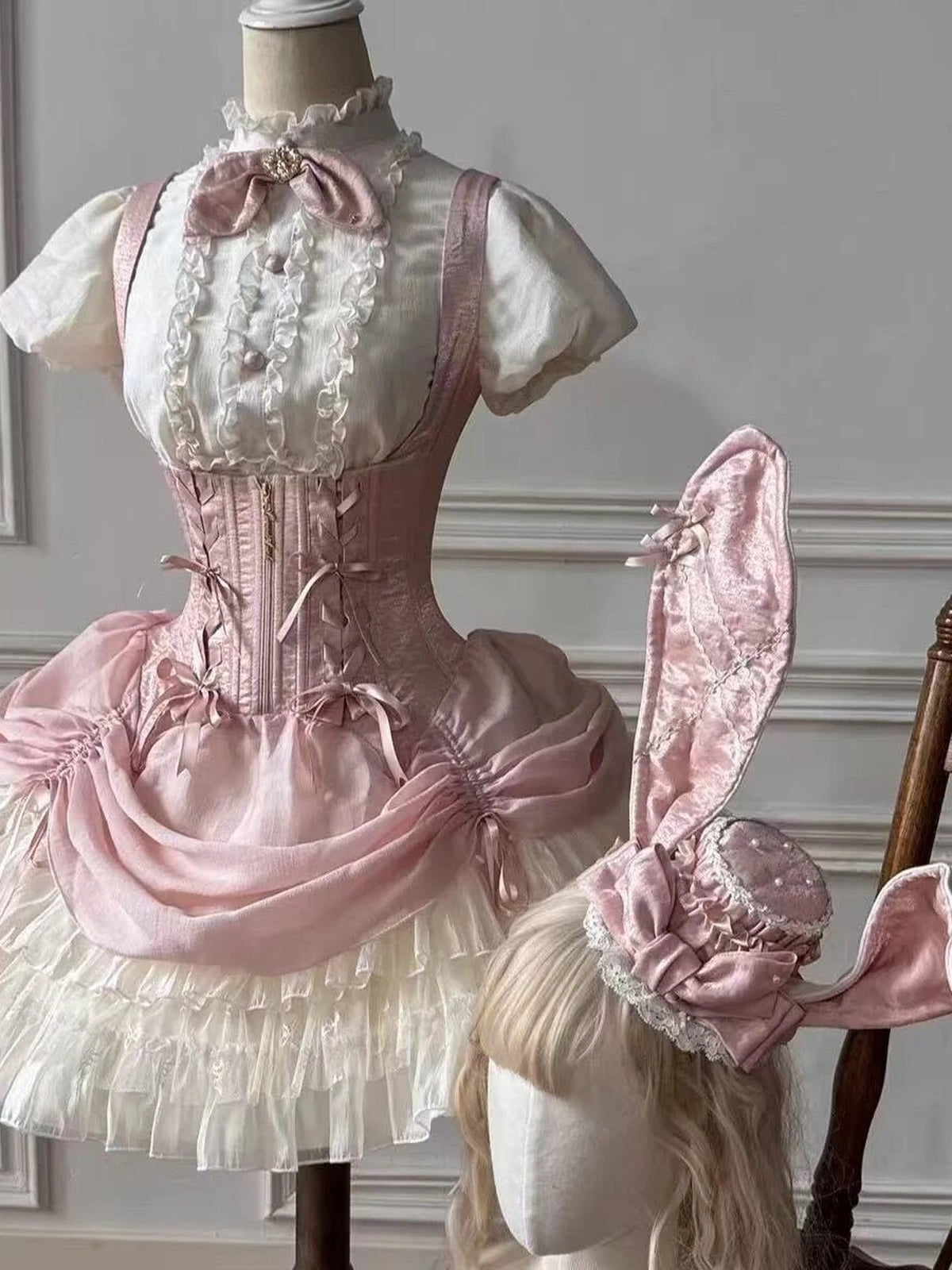 Sweet Pink Rabbit Lolita JSK Dress & Blouse Set with Bowknot