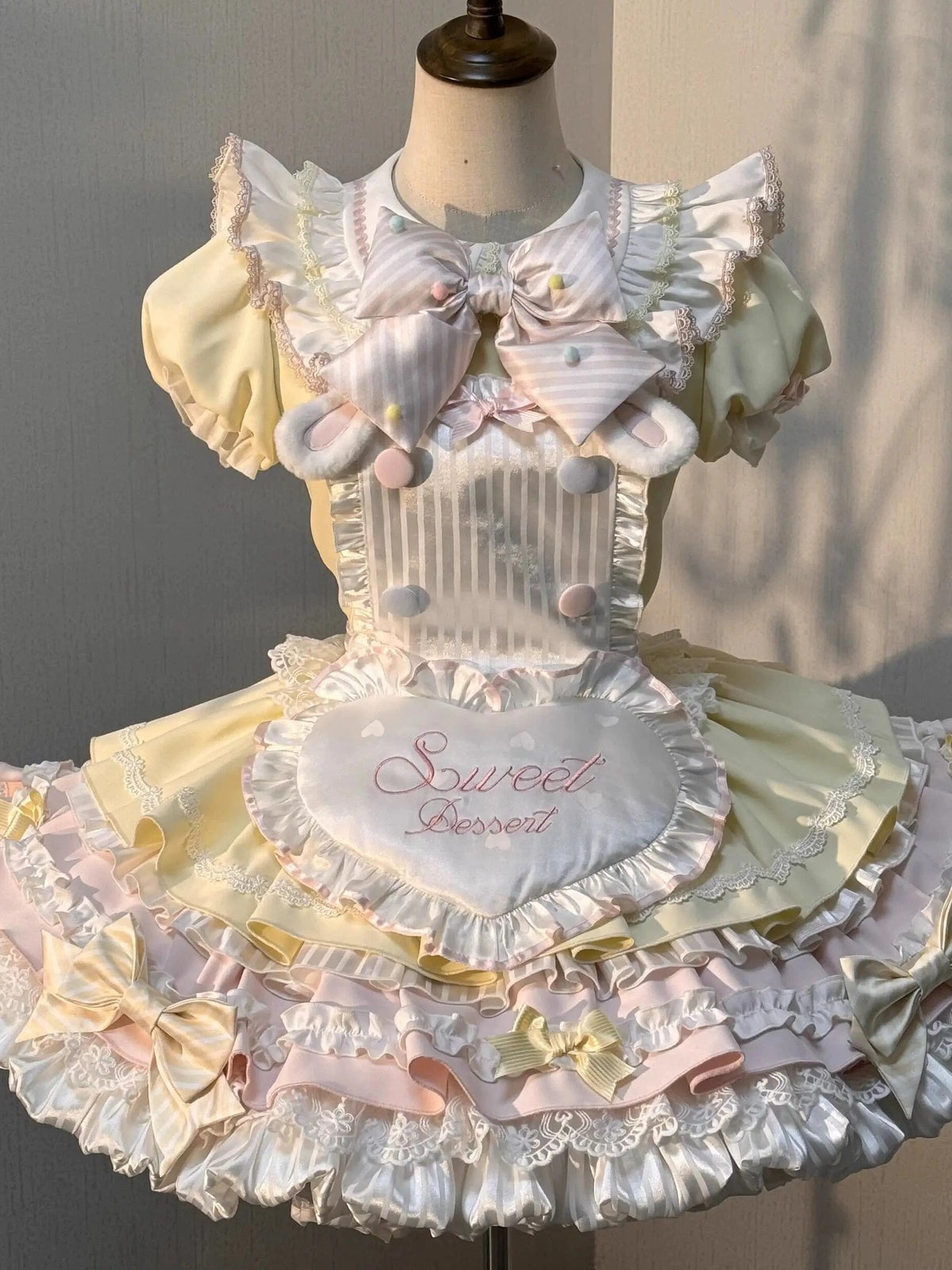 Sweet Pink Yellow Rabbit Maid Lolita OP Dress Set with Apron & Hat