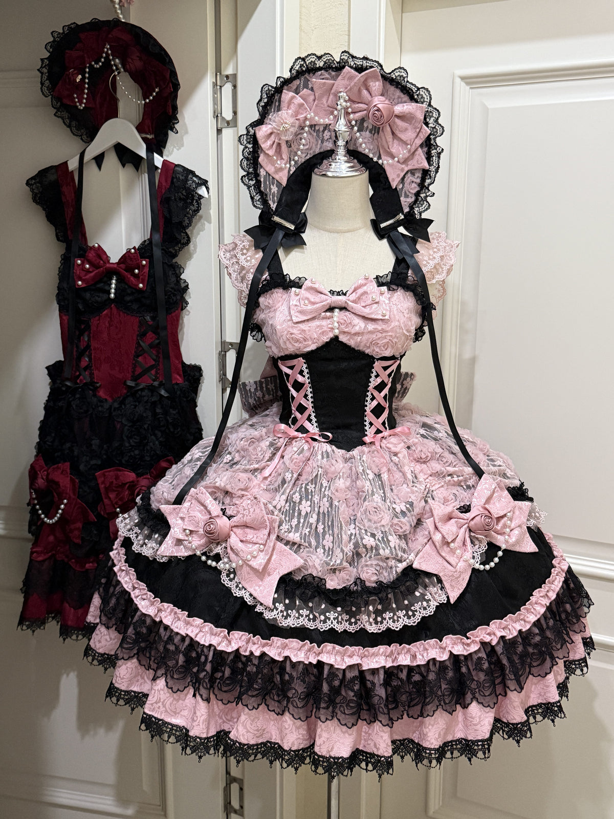 Black Pink Gothic Lolita JSK Dress Set with Bonnet | Doll Gown