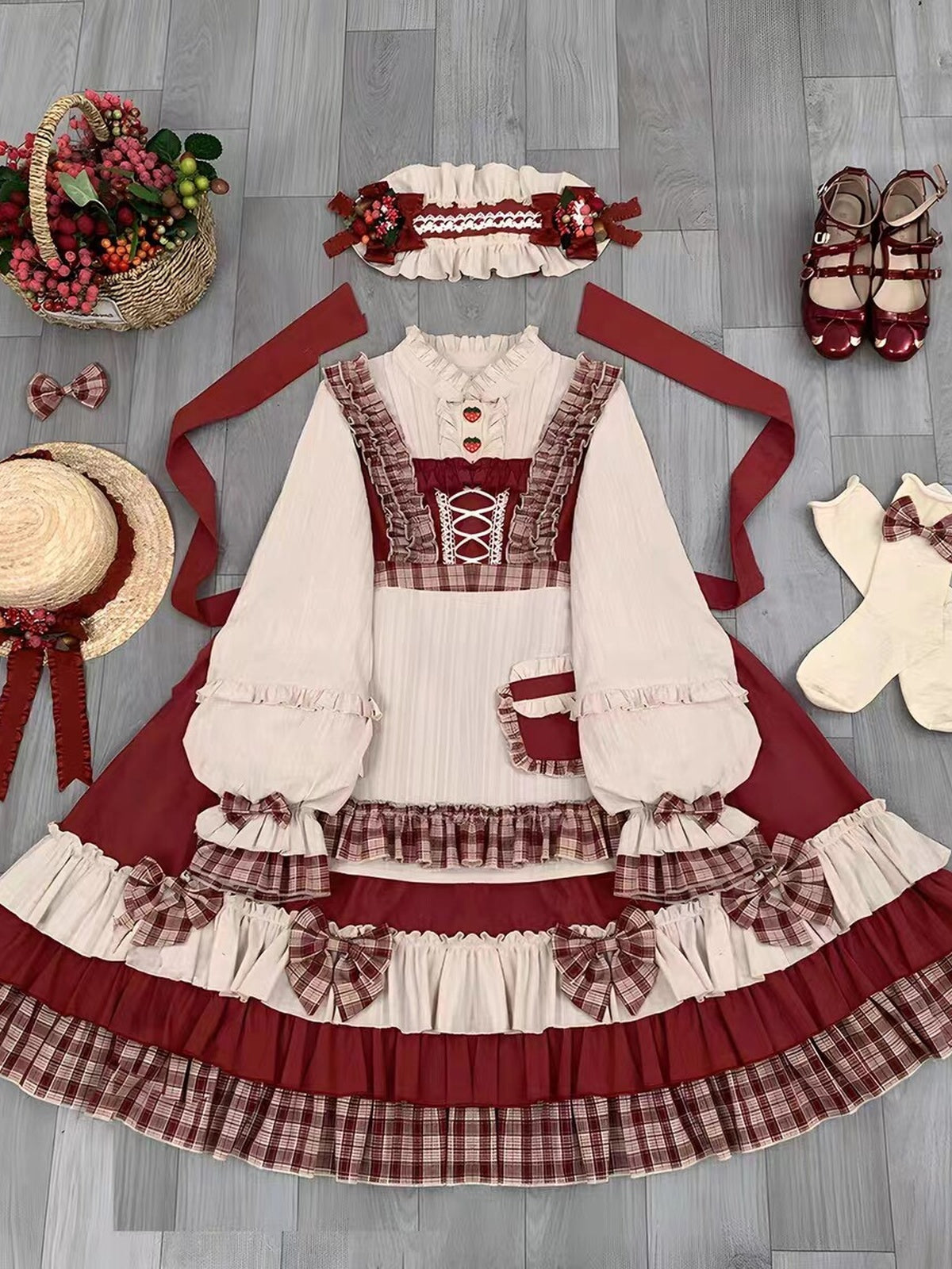 Wine Red Christmas Lolita Dress Set with Cape & Apron