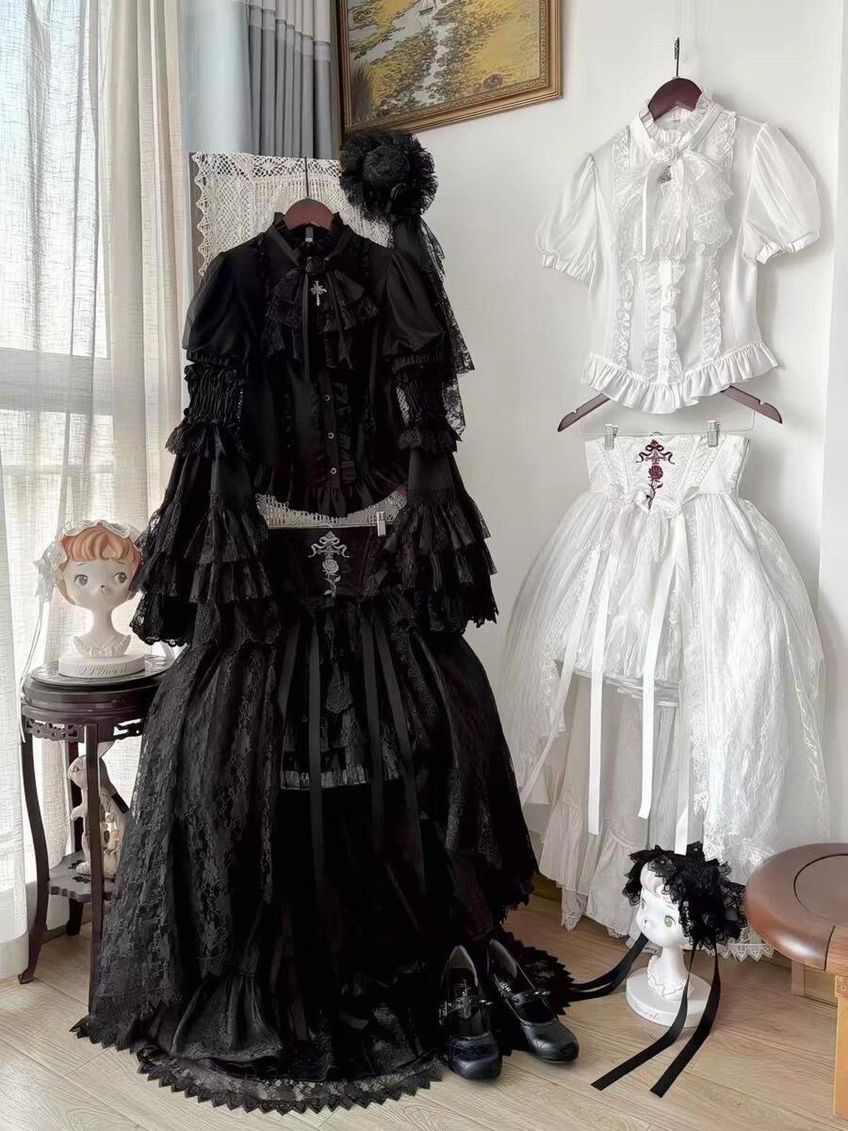 Gothic Lolita Cross & Thorns Dress Set - Black Long Sleeve Outfit