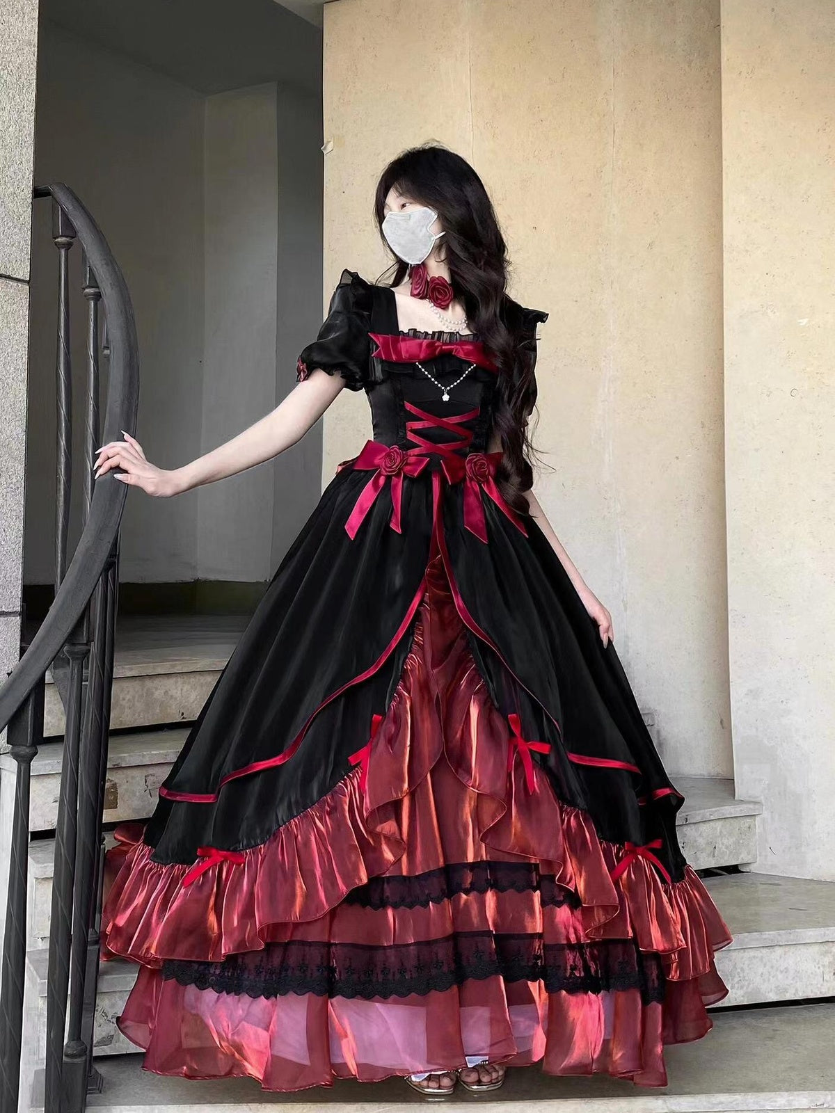 Gothic Red & Black Lolita Wedding OP Dress: 18th Birthday Gown