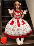 Plus Size Strawberry Print Sweet Lolita OP Dress - Large Hem Long Style